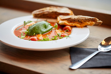 Image showing plate of delicious gazpacho soup at restaurant