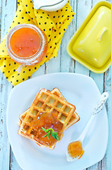 Image showing waffles with apricot jam 