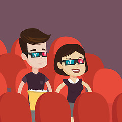 Image showing Happy couple watching 3D movie in the theatre.