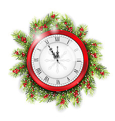 Image showing Christmas Fir Branches with Clock