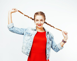 Image showing young pretty stylish hipster blond girl with pigtails posing emotional isolated on white background happy smiling cool smile, lifestyle people concept