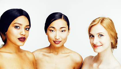 Image showing three different nation woman: asian, african-american, caucasian together isolated on white background happy smiling, diverse type on skin, lifestyle people concept