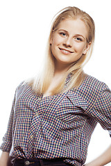 Image showing young blond woman on white backgroung gesture smiling, isolated