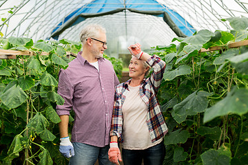 Image showing happy senior couple at farm greenhouse