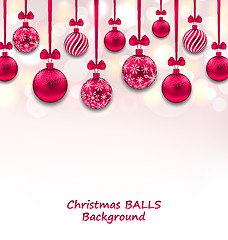 Image showing Christmas Background with Pink Glassy Balls with Bow Ribbon