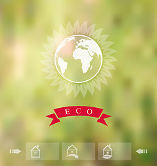 Image showing Blurred background with eco badge, ecology label with icons of g