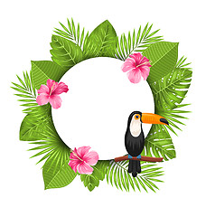 Image showing Clean Card with Pink Roses Mallow, Toucan Bird