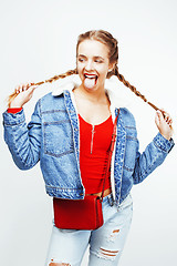 Image showing young pretty stylish hipster blond girl with pigtails posing emotional isolated on white background happy smiling cool smile, lifestyle people concept