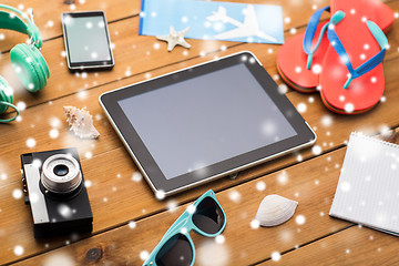 Image showing close up of tablet pc and travel stuff