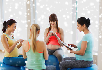 Image showing happy pregnant women with gadgets in gym