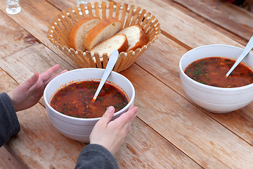 Image showing Lunch with kharcho at ski resort in Georgia