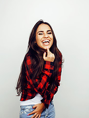 Image showing young happy smiling latin american teenage girl emotional posing on white background, lifestyle people concept