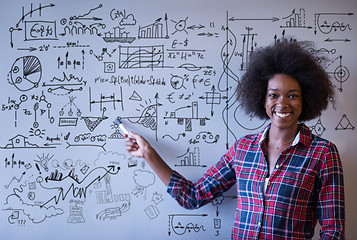 Image showing African American woman writing on a chalkboard in a modern offic