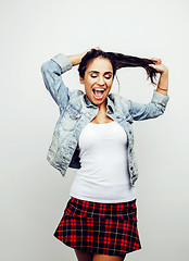 Image showing young happy smiling latin american teenage girl emotional posing on white background, lifestyle people concept