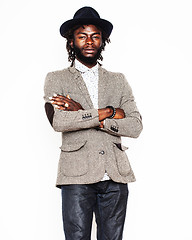 Image showing young handsome afro american boy in stylish hipster hat gesturin