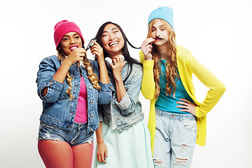 Image showing diverse nation girls group, teenage friends company cheerful having fun, happy smiling, cute posing isolated on white background, lifestyle people concept