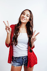 Image showing young pretty stylish hipster girl posing emotional isolated on white background happy smiling cool smile, lifestyle people concept