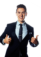 Image showing young pretty business man standing on white background, modern hairstyle, posing emotional, lifestyle people concept