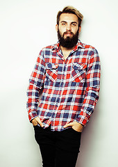 Image showing portrait of young bearded hipster guy smiling on white background close up, brutal man, lifestyle people concept