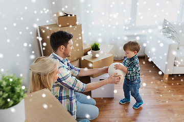 Image showing happy family moving to new home and playing ball