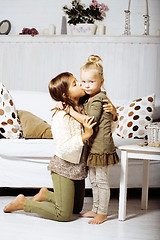 Image showing two cute sisters at home playing, little girl in house interior