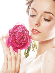 Image showing young beauty woman with flower peony pink closeup makeup soft te