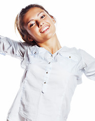 Image showing cute young pretty girl thinking on white background isolated clo