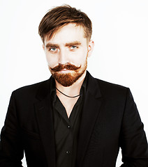 Image showing young red hair man with beard and mustache in black suit on whit