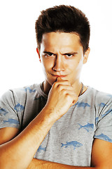 Image showing young handsome brunete man emotional posing on white background 