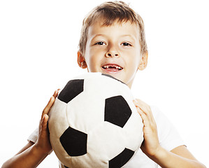 Image showing little cute boy playing football ball isolated on white close up