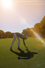 Image showing golf player placing ball on tee.