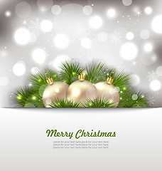 Image showing Merry Christmas Card with Fir Twigs and Golden Balls