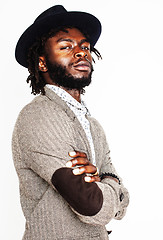 Image showing young handsome afro american boy in stylish hipster hat gesturin