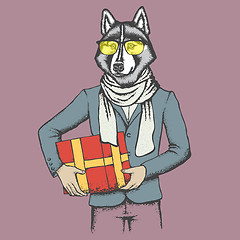 Image showing Husky in human suit with gift