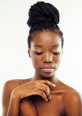 Image showing young pretty african american woman naked taking care of her skin isolated on white background, healthcare people concept