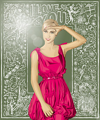 Image showing Vector Surprised Blonde in Pink Dress Against Love Background