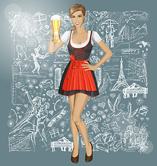 Image showing Vector Cute Woman In Drindl With Beer Against Love Background