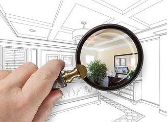 Image showing Hand Holding Magnifying Glass Revealing Custom Kitchen Design Dr