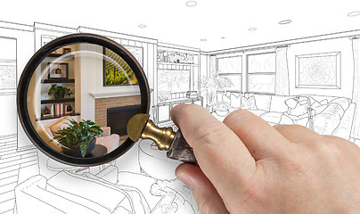 Image showing Hand Holding Magnifying Glass Revealing Custom Kitchen Design Dr