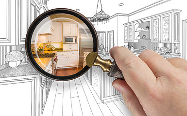 Image showing Hand Holding Magnifying Glass Revealing Custom Kitchen Design Dr