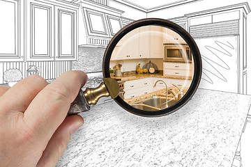 Image showing Hand Holding Magnifying Glass Revealing Custom Kitchen Design Dr