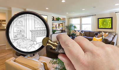 Image showing Hand Holding Magnifying Glass Revealing Custom Kitchen Design Dr