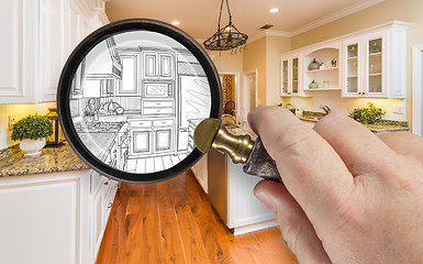 Image showing Hand Holding Magnifying Glass Revealing Custom Kitchen Design Dr