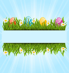 Image showing Easter colorful eggs and camomiles in green grass with space for