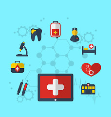 Image showing Tablet pc with medical icons for web design, modern flat style