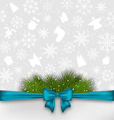 Image showing Christmas background with bow ribbon and fir twigs 