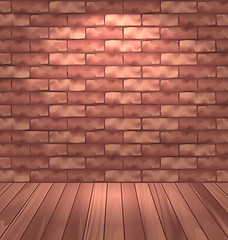 Image showing Brown brick wall with wooden floor, empty room interior with lig