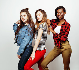 Image showing diverse multi nation girls group, teenage friends company cheerful having fun, happy smiling, cute posing isolated on white background, lifestyle people concept, african-american and caucasian