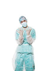 Image showing Surgeon portrait. covered face with his hands. sad. isolated on white background