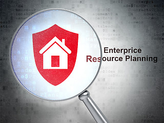 Image showing Finance concept: Shield and Enterprice Resource Planning with optical glass